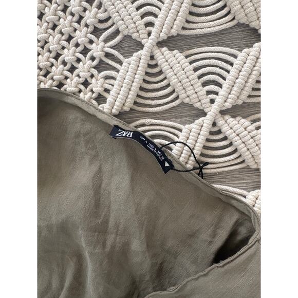 Zara Twist Front Linen Crop Top Large Olive Green Long Sleeve Tie Back Deep V - Picture 9 of 9